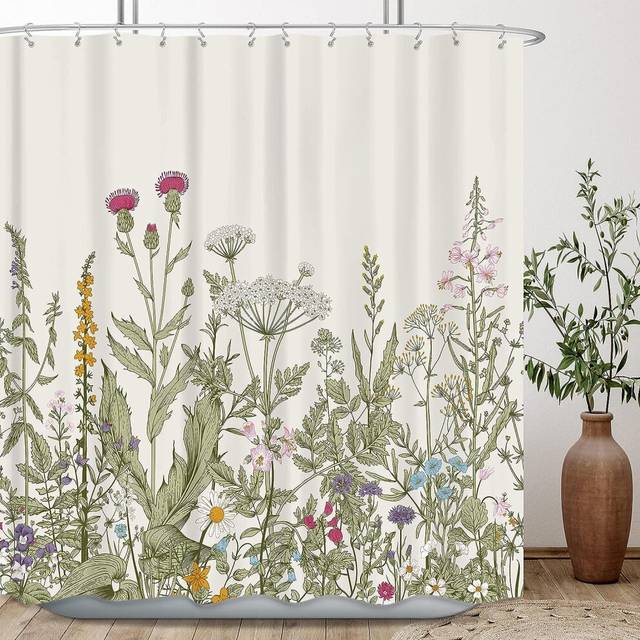 Wildflower Botanical Shower Curtain for Bathroom Decor 72Wx72H Inch Floral Flower Plant Herbs Sage Green Leaves Decorative Bath Set
