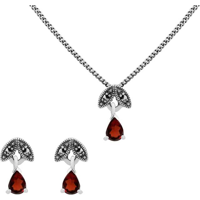 Art Deco Style Style Pear Garnet & Marcasite Leaf Stud Earrings & Pendant Set in 925 Sterling Silver