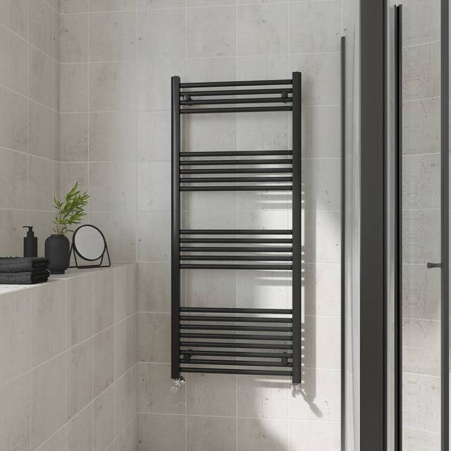 (Straight, 1400x600mm) Warmehaus Heated Towel Rail Black Bathroom Ladder Style Radiator Central Heating