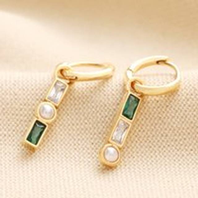 Stone and Pearl Drop Huggie Hoop Earrings in Gold - gold/clear/green - one size