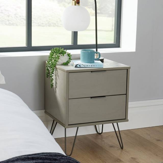 Bedside 2 Drawers Grey Washed Pine Nightstand Cabinet Home Bedroom Furniture