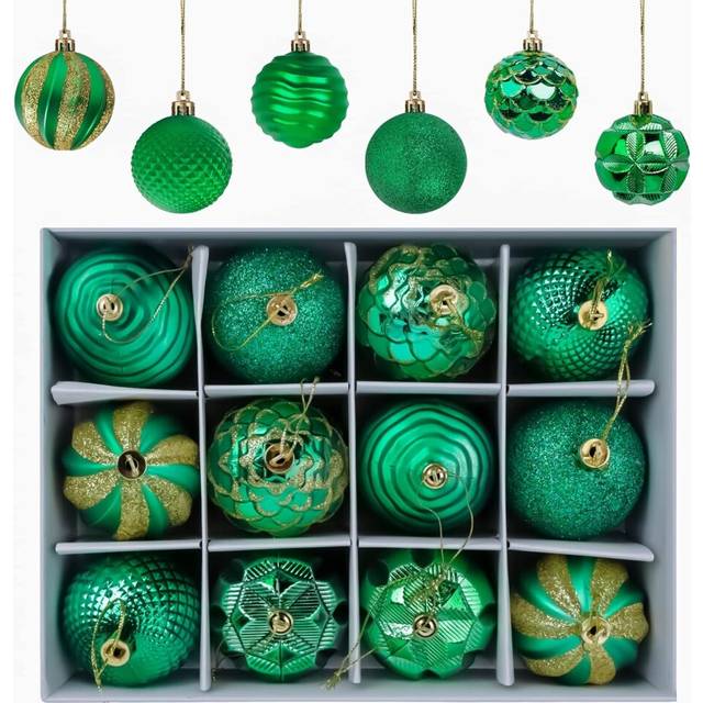 12 Pieces Christmas Tree Baubles Christmas Baubles, Matte and Glossy Christmas Tree Decorations Glittering Christmas Tree Baubles ? 6CM (Green)