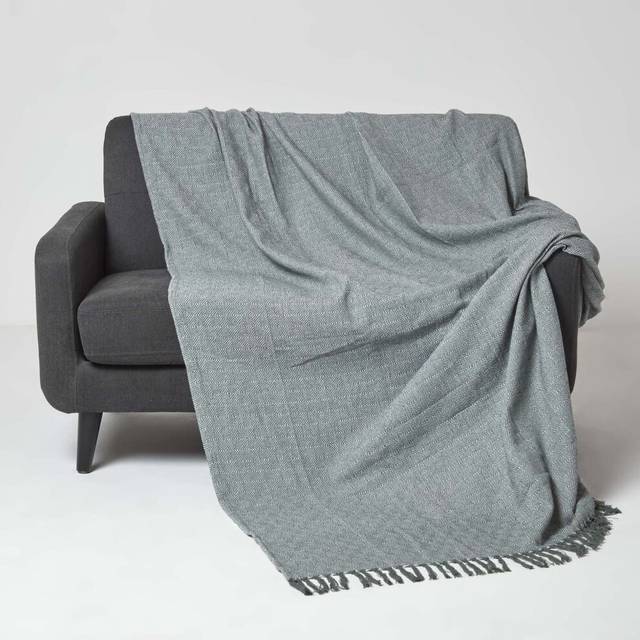 Homescapes 100% Cotton Malda Throw, 225 x 255 cm, Green Grey, Geometric, For Bed or Sofa, Handcrafted, OEKO-TEX Certified, 90 x 100"