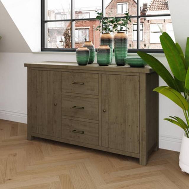 FW Style Saltash Large Sideboard 2 Door 3 Drawer - Solid Reclaimed Natural Pine, Brown