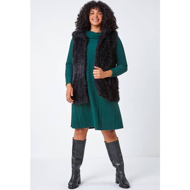 Roman Curve Forest Roll Neck Ribbed Stretch Dress - Size 18