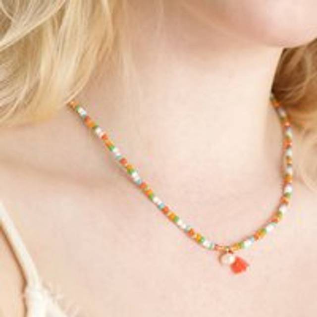 Colourful Pearl and Tassel Beaded Necklace in Gold - red/white/gold - one size