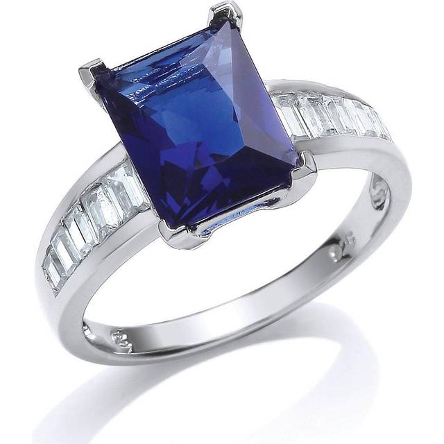 (M) Jewelco London Rhodium Sterling Silver Blue and White Emerald and Baguette Cut Cubic Zirconia Cluster Cocktail Ring