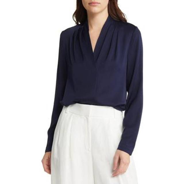 Nellie Pleated V-Neck Long-Sleeve Blouse - MID BLUE - XX-Large