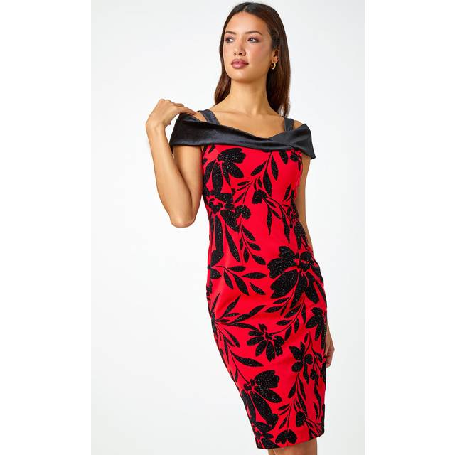 Roman Red Flocked Floral Premium Stretch Dress - Size 20