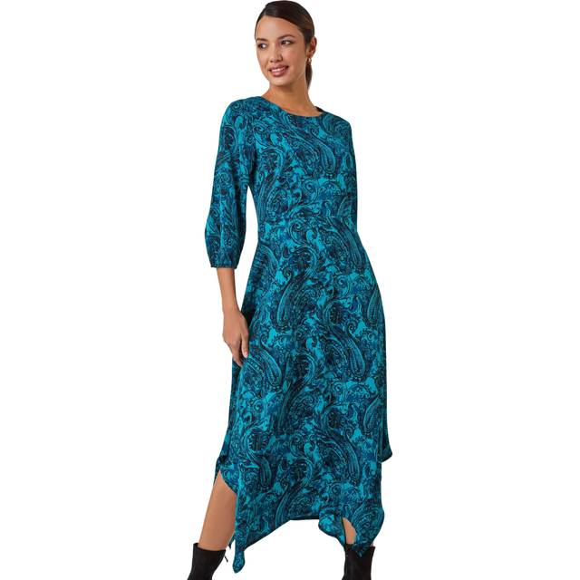 Roman Teal Paisley Print Hanky Hem Midi Dress - Size 12