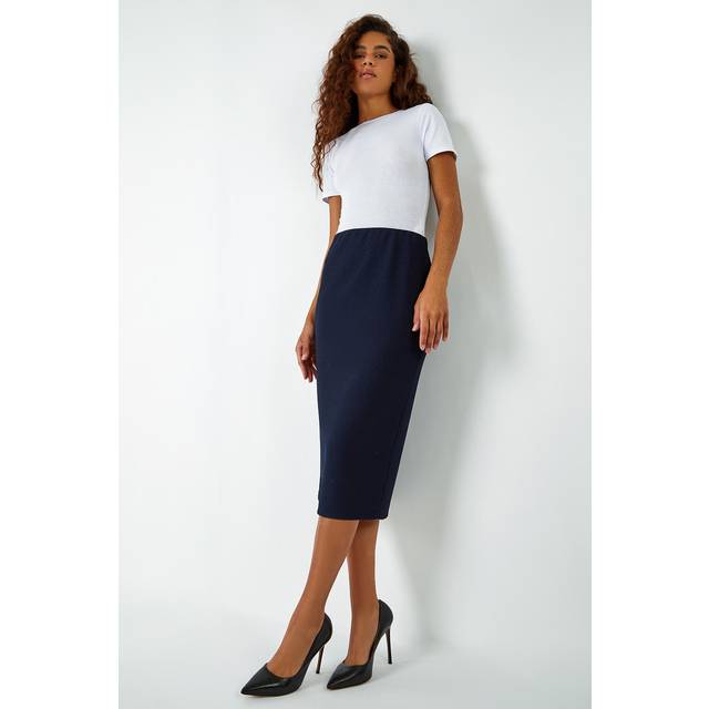 Textured Elastic Waist Pencil Midi Skirt - Navy - Size 18 - Roman