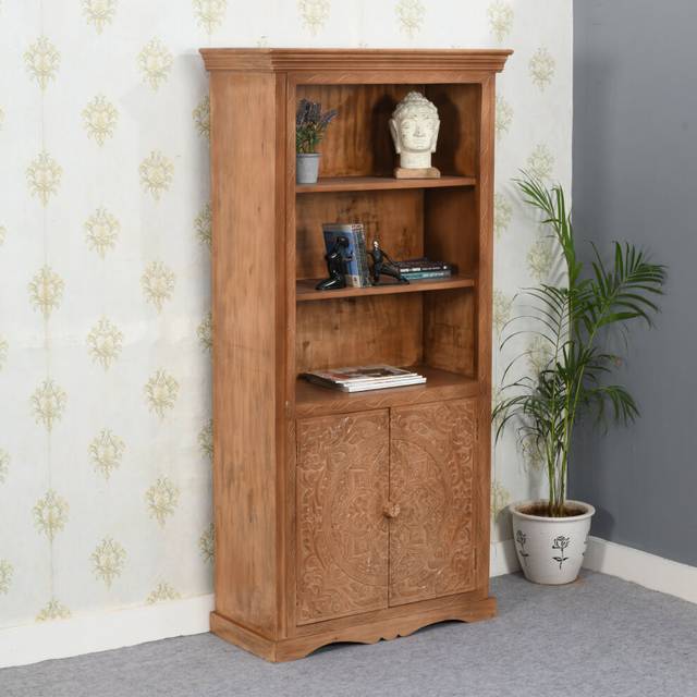 IH Design Carved Mango Wood Large Corner Bookcase, Brown
