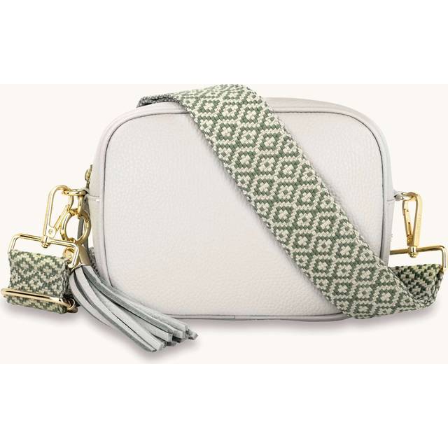 Light Grey Leather Crossbody Bag With Pistachio Cross-Stitch Strap - One Size
