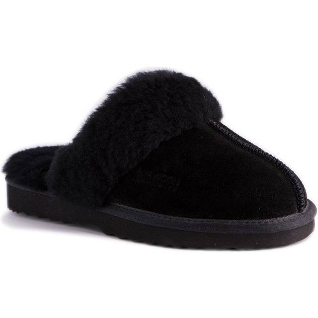 Aus Wooli Unisex "Sydney" Australia Sheepskin Wool Slippers, Black Leather - Size UK 4