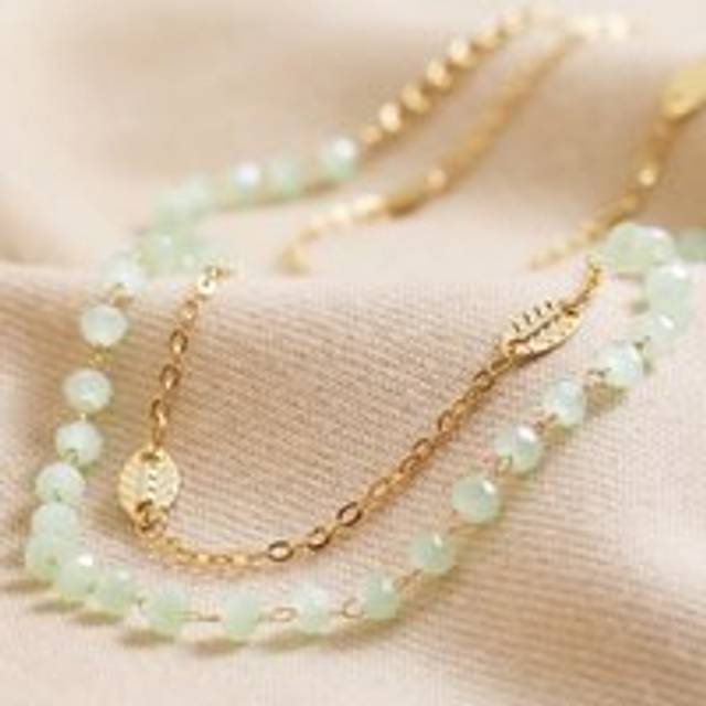 Set of 2 Leaf Chain and Beaded Necklaces in Gold - gold/green - one size
