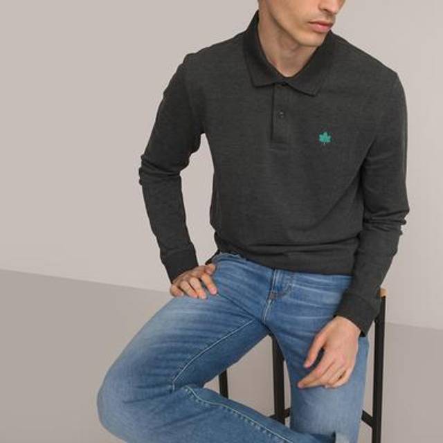 Long Sleeve Polo Shirt, Embroidered in Pure Organic Cotton - Charcoal Grey Marl