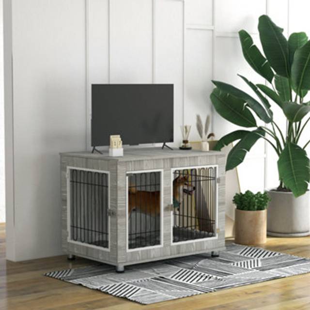 PawHut Dog Crate Furniture - Dog Crate End Table w/ Soft Cushion - Double Door | TJ Hughes White