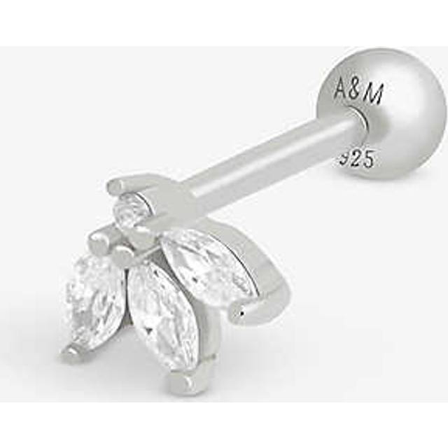 Astrid & Miyu Womens Silver Navette Fan Barbell Rhodium-plated Sterling and Zirconia Earring - SILVER
