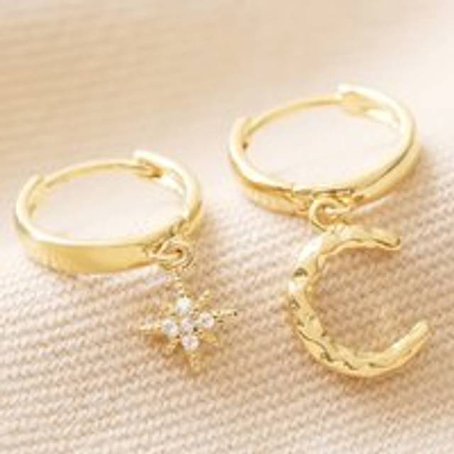 Crescent Moon & Star Charm Huggie Hoop Earrings in Gold - gold - one size