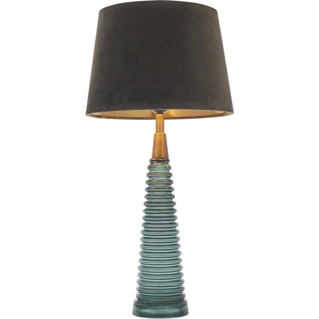 Table Lamp - Teal Ribbed Glass, Antique Brass Effect & Mocha Velvet - 40W E27 - Clear - One Size