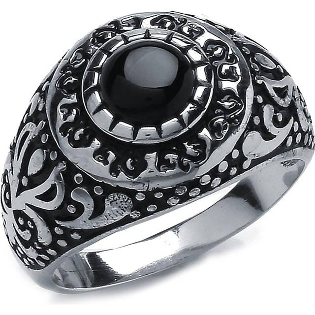 (T) Jewelco London Mens Rhodium Plated Sterling Silver Black Onyx Carved Cabochon Signet Ring