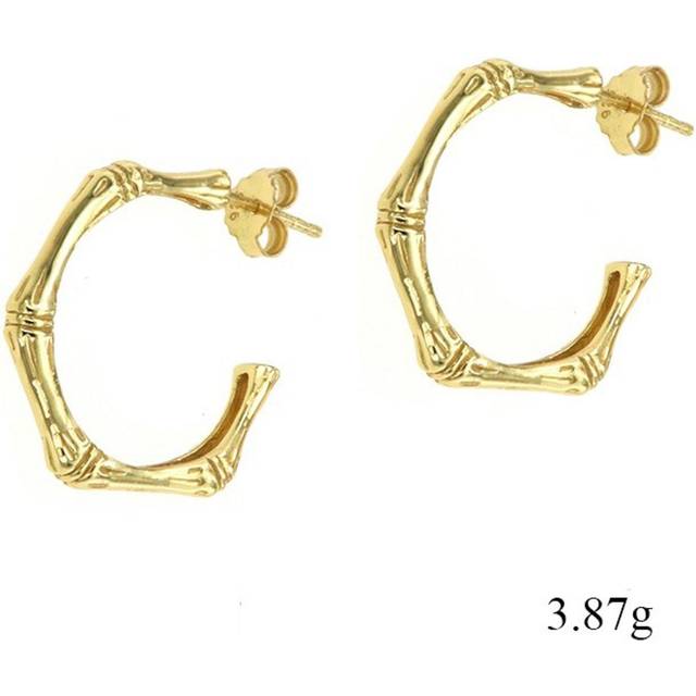 Bamboo Hoop Stud Earrings - Gold - One Size