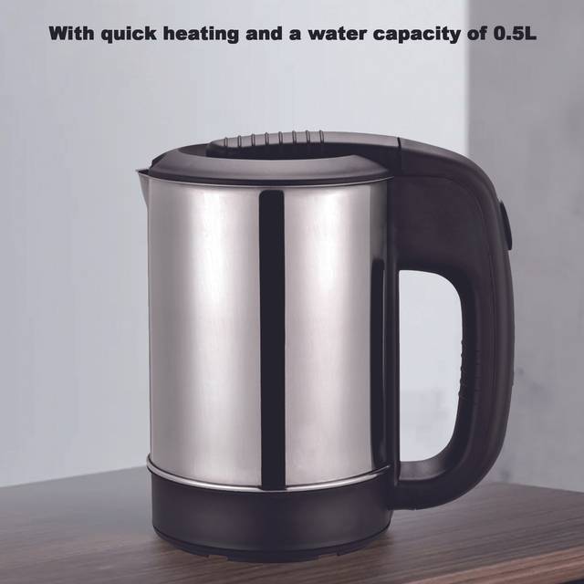 Mini elektrisk vattenkokare 1000W, 0,5 L, rostfritt stål automatisk avstängning, för te och kaffe, resor EU Plug silver