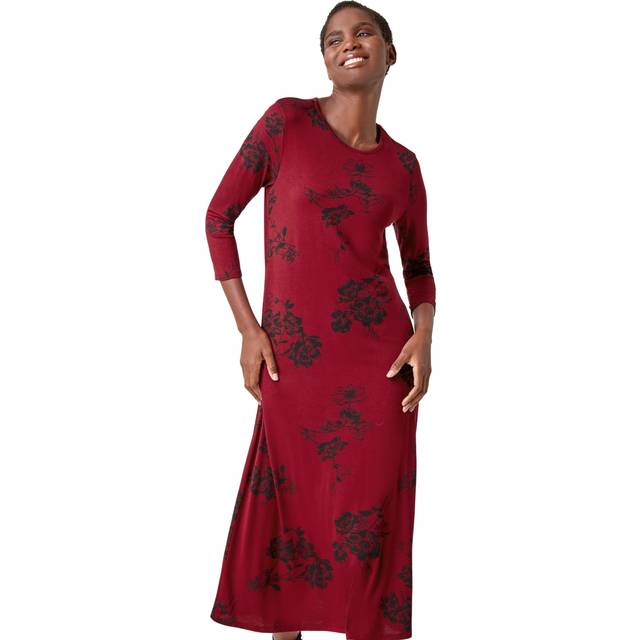 Roman Womens Floral Pocket Detail Midi Stretch Dress - Wine - Size 10 UK