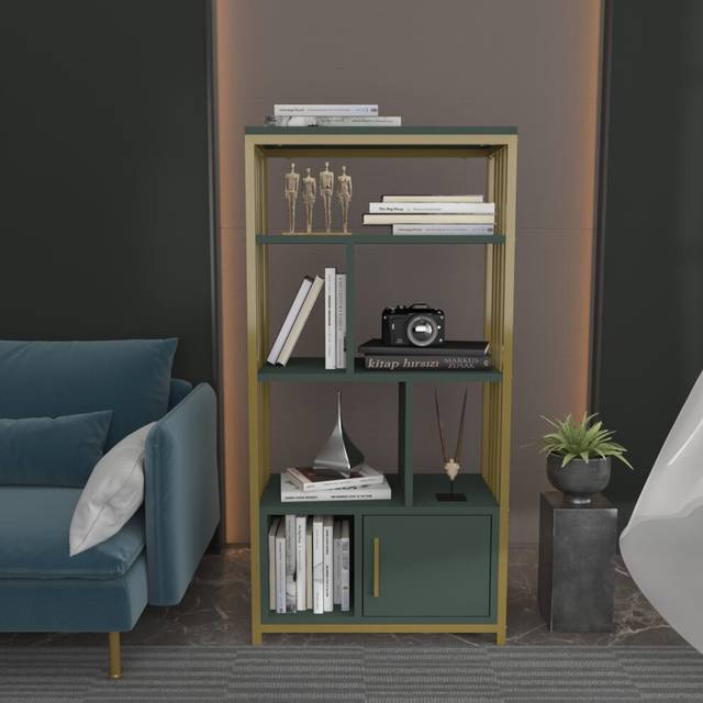 Decorotika Valero Bookcase Shelving Unit With Six Shelves And One Cabinet - Gold And Green, Multi