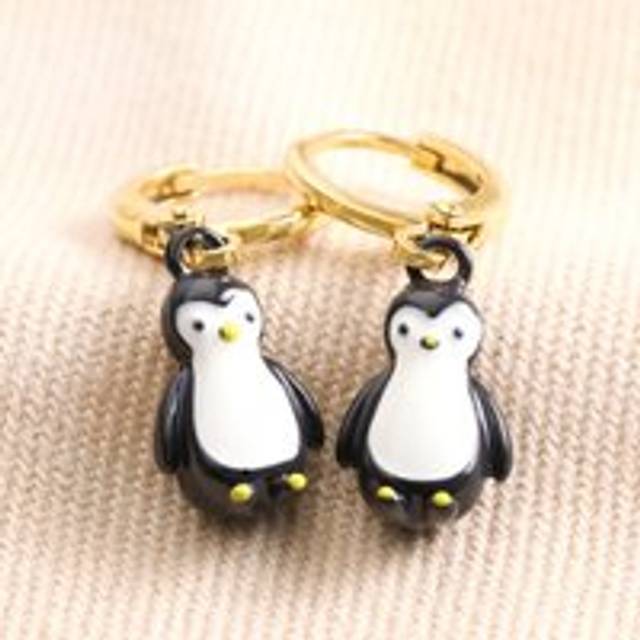 Penguin Charm Huggie Hoop Earrings in Gold - gold/black/white - one size