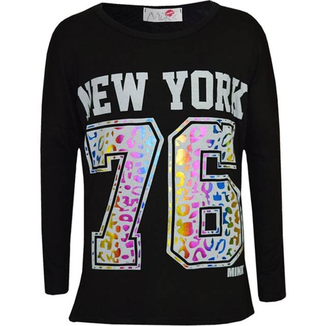 (13 Years, Black) Kids Girls T Shirt New York 76 Multi Color Foil Print Trendy Fashion Top T Shirt