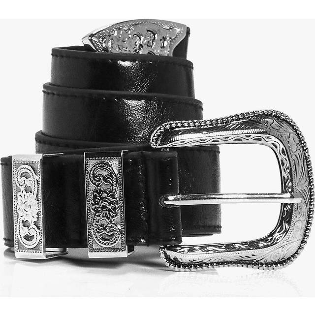 Womens Oversize Western Silver Buckle Boyfriend Belt - Black - One Size