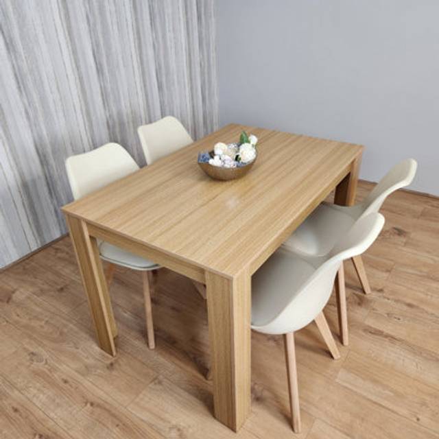 Dining Table and 4 Chairs Oak Effect Wood 4 Cream Plastic Leather Chairs Dining Room