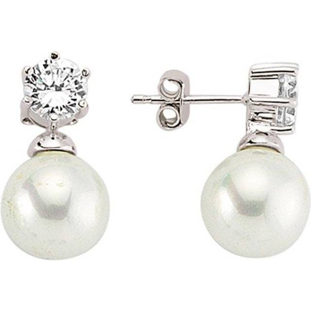 Jewelco London Ladies Sterling Silver Cubic Zirconia & Simulated Pearl Solitaire Stud Earrings 11mm - GVE407