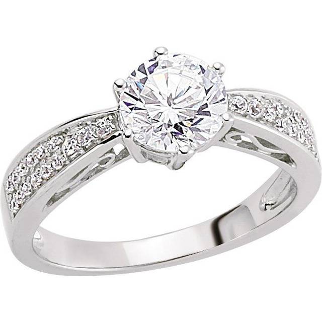 (Q) Jewelco London Ladies Rhodium Plated Sterling Silver Cubic Zirconia Shoulder-Set 6 Claw Solitaire Engagement Ring