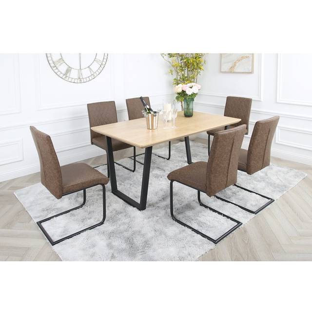 Oak Dining Table Set with 6 Nestor Industrial Chairs - Brown