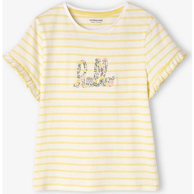 Short Sleeve Striped T-Shirt with Ruffles for Girls ecru
