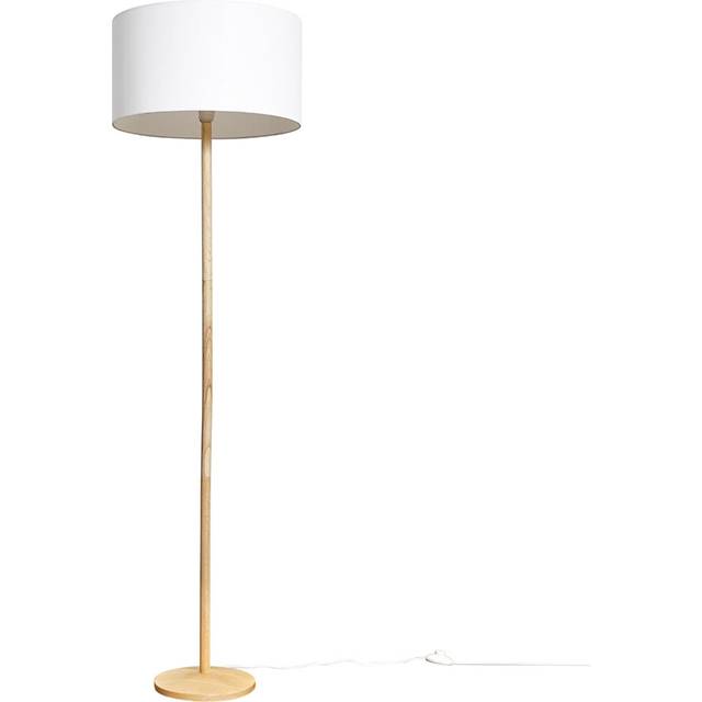 Single Stem Natural Light Wood Floor Lamp with a White Drum Shade