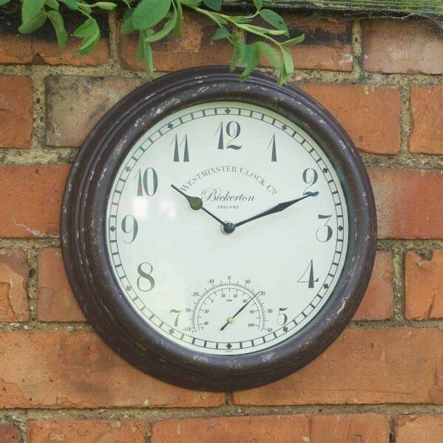 Bickerton Wall Clock and Thermometer, Classic Outdoor/Indoor Design with Large 12 Inch Face. Suitable for Garden, Kitchen, Bathroom and More