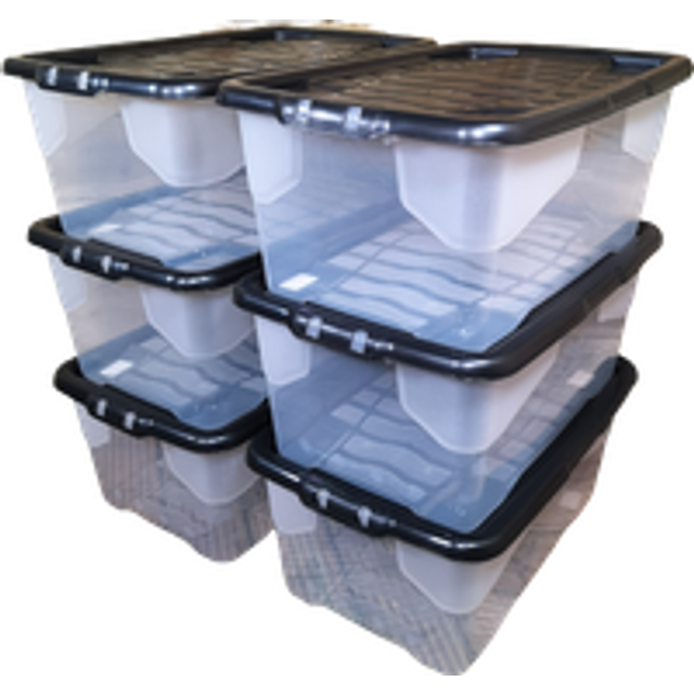 Samuel Alexander 6 X 42L Clear Storage Box With Black Lid, Stackable And Nestable Design Storage Solution, White