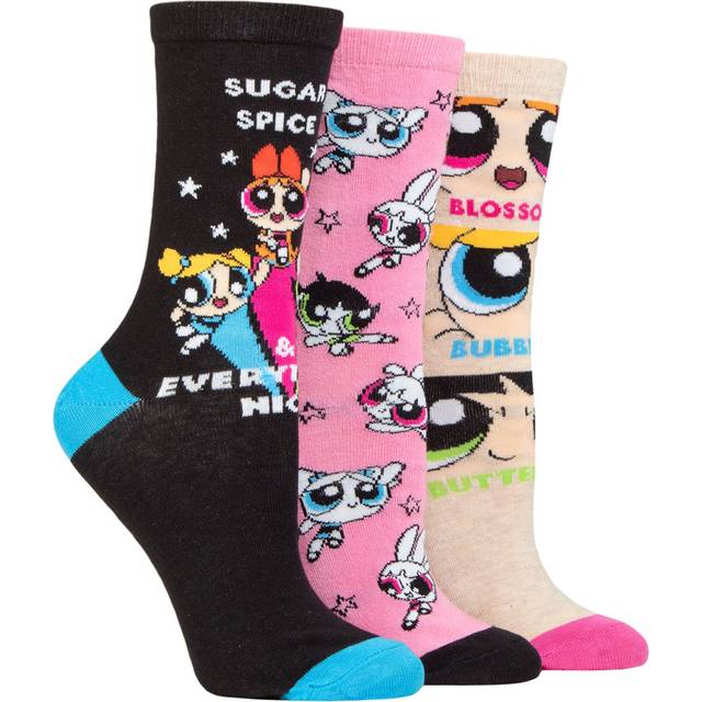 Women's 3 Pair SOCKSHOP Powerpuff Girls Cotton Socks Assorted 4-8 Ladies