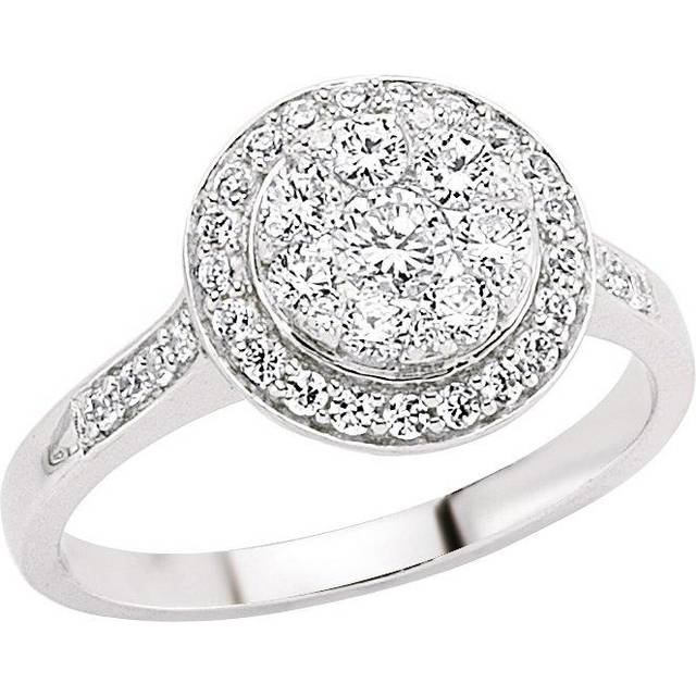 (Q) Jewelco London Ladies Rhodium Plated Sterling Silver Cubic Zirconia Shoulder-Set Halo Cluster Engagement Ring