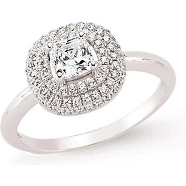 (O) Jewelco London Ladies Rhodium Plated Sterling Silver Asscher Cubic Zirconia Double Halo Solitaire Engagement Ring
