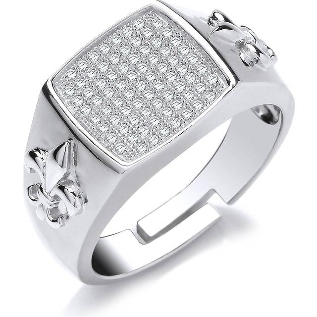 (X) Jewelco London Mens Rhodium Plated Sterling Silver Cubic Zirconia Fleur De Lis Square Cushion Signet Ring