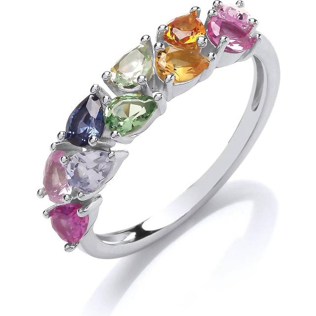 (L) Jewelco London Ladies Rhodium Plated Sterling Silver Multi Colour Pear Cubic Zirconia Rainbow Half Eternity Ring