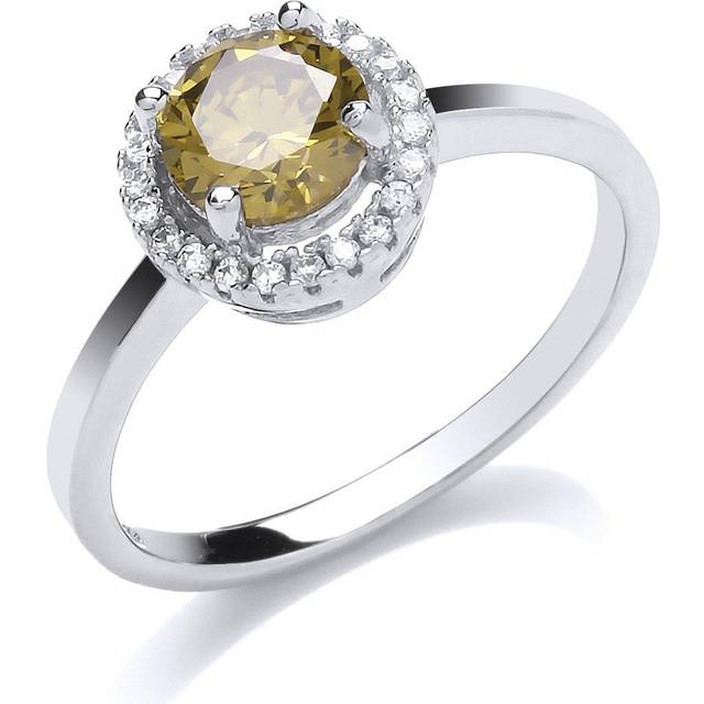 (N) Jewelco London Ladies Rhodium Plated Sterling Silver Lime green Cubic zirconia Halo 4 Claw Solitaire Engagement Ring