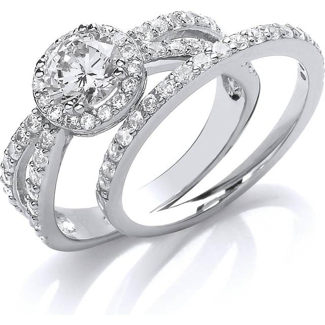 (N) Jewelco London Ladies Rhodium Plated Sterling Silver Cubic Zirconia Crossover Solitaire Halo Eternity Bridal Rings Set