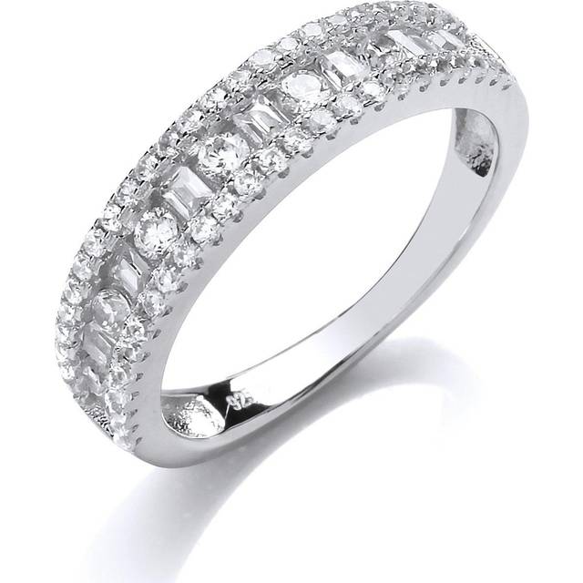 (Q) Jewelco London Ladies Rhodium Plated Sterling Silver baguette Cubic Zirconia 3 Row Channel Eternity Ring