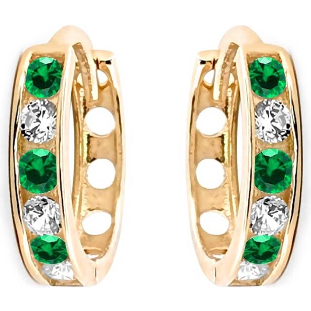 Jewelco London Ladies Solid 9ct Yellow Gold Green Round Brilliant Cubic Zirconia Eternity 2mm Huggie Hoop Earrings 11mm - JER820