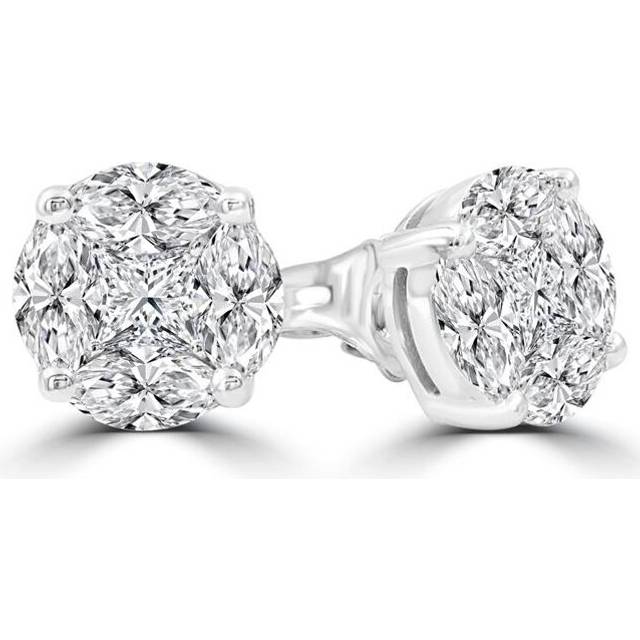 1.5 CTW Princess Diamond Marquise Diamond Cluster Stud Earrings in 14K White Gold